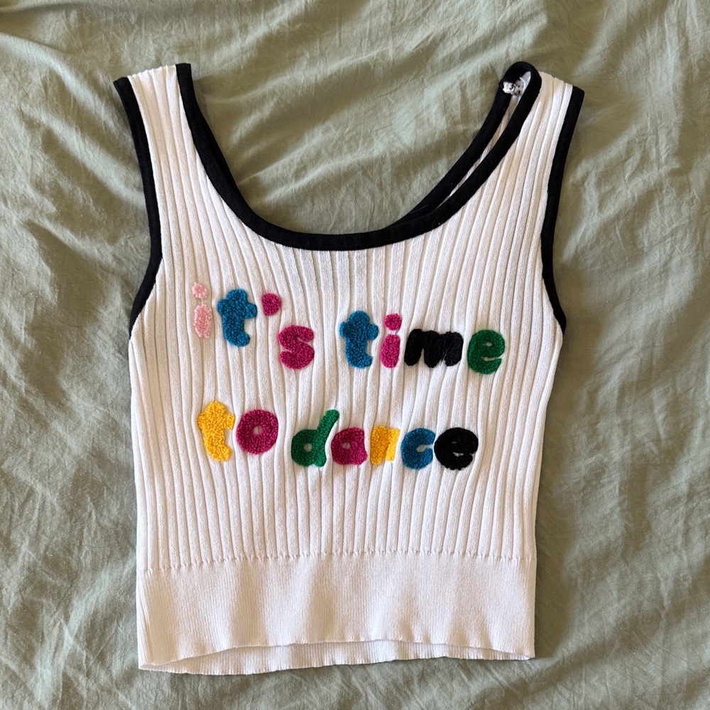 Cider White Ribbed Tank with Black Trim and Multicolor Appliqué